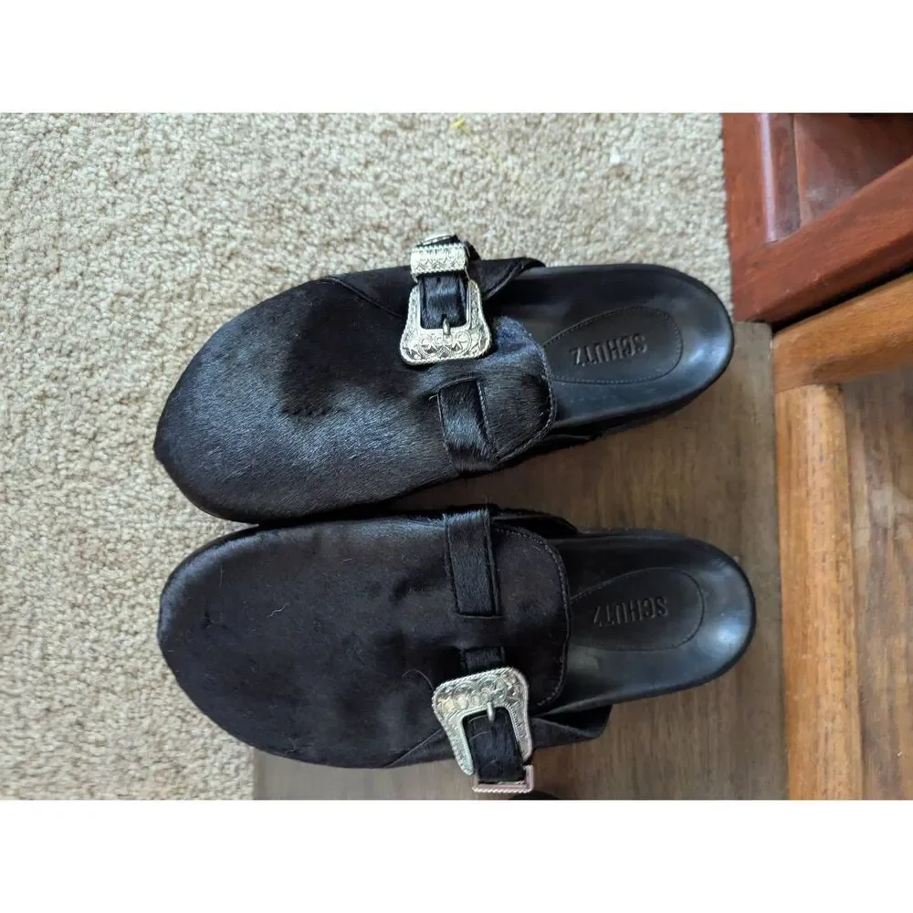 NWOB SCHUTZ Grace Leather Mule Clogs Sz 9.5B Black Silver Buckle Slide On Shoes